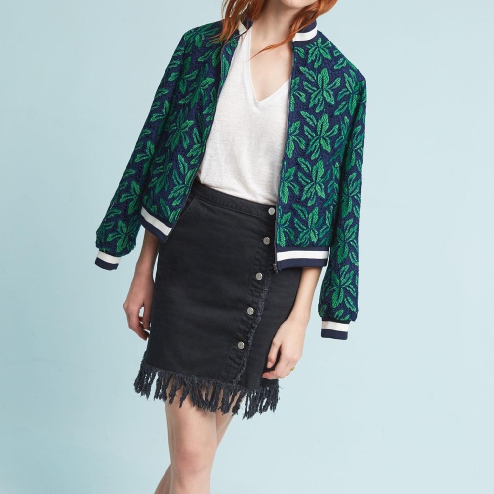 Anthropologie Pilcro and the Letterpress Black Denim Fringe Skirt Size 12
